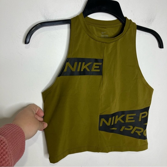 Nike Pro training crop top with logo taping olive green black womens size medium - Picture 2 of 6